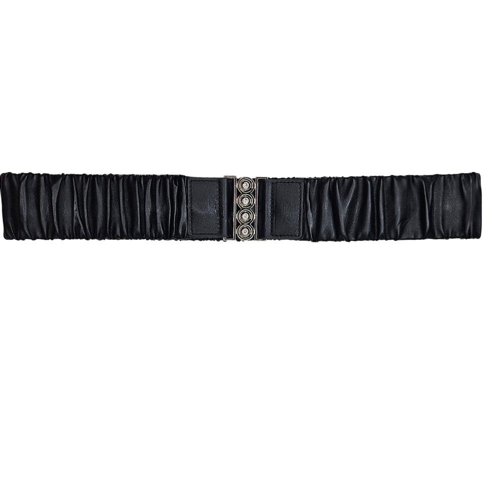 Black Ruched Cinch Waist Belt Silver‎ Rhinestone Buckle Elastic Wide 26 Inch